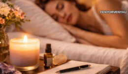 Hála és esti rutin: a mély alvás titka - Nő alszik egy ágyon, mellette kristályok és gyertya