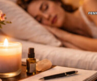 Hála és esti rutin: a mély alvás titka - Nő alszik egy ágyon, mellette kristályok és gyertya