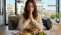 Intuitív étkezés: Tudatos étkezés és hála - Fiatal nő hálát ad az ételért